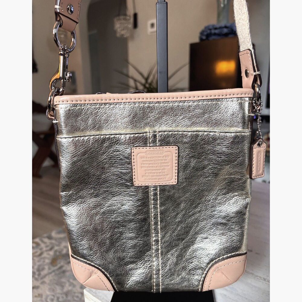Coach Metallic Silver Leather Swingpack Crossbody Bag with Tan Trim